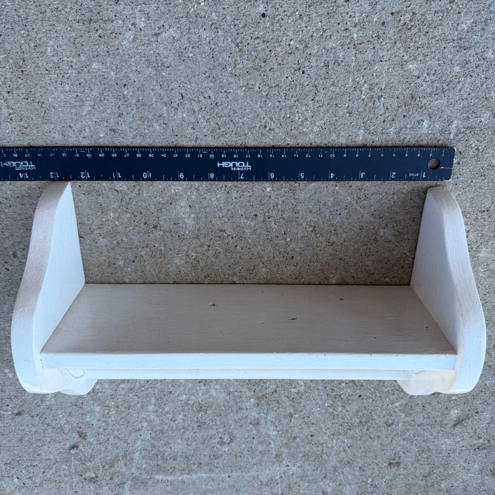 Vintage White Wood Scalloped Wall Shelf with Towel Bar and Hooks Decor 14in